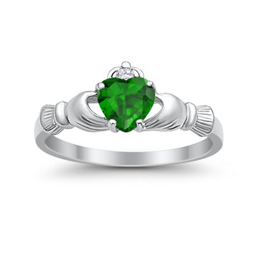 Heart Shape Simulated Green Emerald CZ Claddagh Wedding Ring 925 Sterling Silver